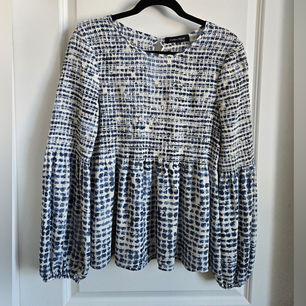 Ivanka Trump Blue & White Smocked Balloon Sleeve Blouse - M